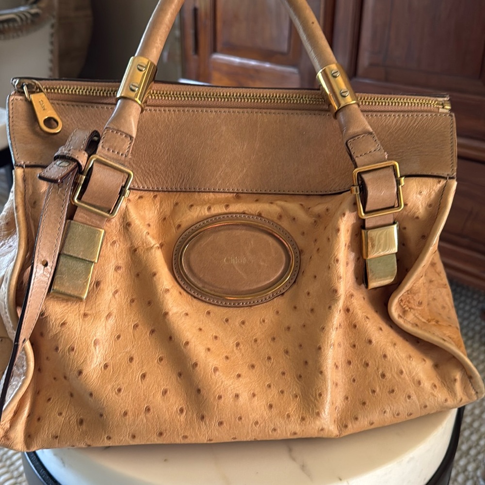 Chloe tan ostrichLeather purse w/ shoulder strap- slightly worn- great condition